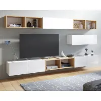 Ravio Wohnwand Amanda XV Schrankwand TV Schrank Hängende Regale Bücherregale Stilvoll Wohnzimmer-Set viel Stauraum (Weiß matt + Weiß Hochglanz Fronten / Goldene Eiche)