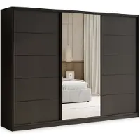 Masseno Schiebetürenschrank PINA 270/205/58 cm Kleiderschrank mit 4 Schubladen Schlafzimmer Schrank 3-türig mit Spiegel Schwarz