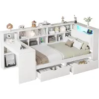 SOFTWEARY Stauraumbett mit Schreibtisch und LED-Beleuchtung (90x200cm, Lattenrost, Regal, Schubladen, USB und Steckdosen), Einzelbett, Holzbett