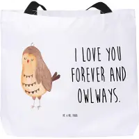 Mr. & Mrs. Panda Statement-Tasche Eule Zufrieden - Weiß - Geschenk, Schultasche, Tasche, Owl, Hochzeitstag, Beutel, Stoffbeutel, Wortspiel, Liebesspruch, Reisetasche