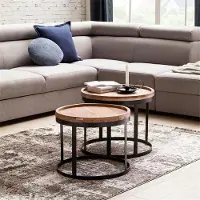 Lomadox 2er Set Beistelltische Massivholz Akazie Wohnzimmertisch Landhausstil Anstelltisch Metallgestell Naturholz B/H/T ca. 53/45/53cm