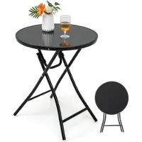 KOMFOTTEU Klappbarer Gartentisch, runder Beistelltisch Ø 59 cm, Outdoor-Tisch mit Tischplatte aus gehärtetem Glas, Schwarz