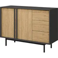 Mirjan 24 Sideboard Alsy 3S2D REG 7, Kommode mit zwei Drehtüren und drei Schubladen, Schwarze Metallfüße (Farbe: Anthrazit / Geölte Eiche)