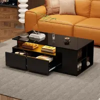 UnboxG Schwarzer Teetisch, 100 x 50 x 35 cm, mit LED-Beleuchtung, Couchtisch/Sofatisch mit 2 Schubladen, großzügiger Stauraum