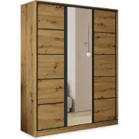 Masseno Schiebetürenschrank PINA 150/205/58 cm Kleiderschrank mit 4 Schubladen Schlafzimmer Schrank 3-türig mit Spiegel Eiche Artisan