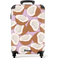 NoBoringSuitcases.com Hartschalen Handgepäck Koffer 55x35x20 cm, 36L, Bunte Fruchtdrucke für Frauen: Rosa mit Kokosnussdruck, Reisekoffer mit 4 Rollen