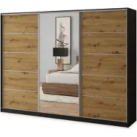 Masseno Schiebetürenschrank NATA 250/205/58 cm Kleiderschrank mit 4 Schubladen Schlafzimmer Schrank 3-türig mit Spiegel Schwarz / Eiche Artisan