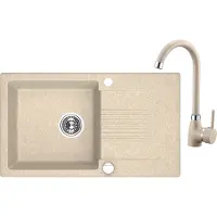 Laveo BADLAND SET Spültischarmatur und Granitspüle Einzelbecken CELIA 44x76 Beige mit langer Abtropffläche | Siphon im SET!