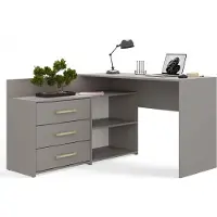 BDW Eckschreibtisch, 3 Schubladen 2 Regale, Grau, 120x7x50 cm