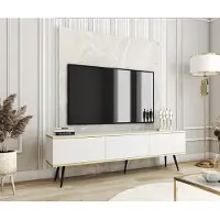 Emporius Furniture TV-Schrank Rodi - TV-Möbel mit 3 Klappen, Füße - TV-Lowboard 175 cm, Wohnzimmer, PUSH TO OPEN (Weiß + Schwarz)