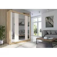 AGMAT-FURNITURE AGMAT Schwebetürenschrank Anzio, Kleiderschrank mit 3 Türen und 2 Schubladen, Moderne Garderobe in Farbe: Sonoma / Weiß, Schrank in Größe: 180 x 216 x 61 cm
