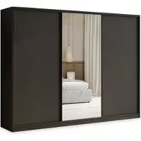 Masseno Schiebetürenschrank TARI 270/205/58 cm Kleiderschrank mit 4 Schubladen Schlafzimmer Schrank 3-türig mit Spiegel Schwarz