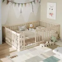 MODFU Kinderbett Holzbett 90x200 mit Sicherheitsgeländer Einzelbett Bettgestell halbgeschlossen ohne Matratze Natur
