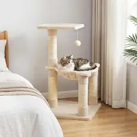 Costway Kratzbaum Klein, Katzenbaum mit gemütlicher Hängematte, Plattform, Ball & Kratzsäulen, Katzenkratzbaum Holz, Kletterbaum, 40x40x64cm (Beige)