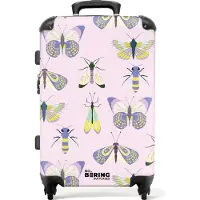 NoBoringSuitcases.com Hartschalen Koffer Mittelgroß 67x43x25 cm, 72L, Insekten- und Pflanzendrucke für Frauen: Rosa mit Insekten, Reisekoffer mit 4 Rollen