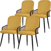 ML-Design Esszimmerstühle 4er Set Senf Stoffbezug Küchenstuhl mit Rattan Optik-Armlehnen Gepolsterte Stühle mit Metallbeinen Sessel ergonomisch