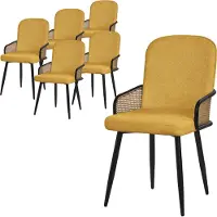 ML-Design Esszimmerstühle 6er Set Senf Stoffbezug Küchenstuhl mit Rattan Optik-Armlehnen Gepolsterte Stühle mit Metallbeinen Sessel ergonomisch