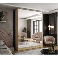 Caspian24 Moderner 2-türiger Kleiderschrank mit Schiebetüren in Sonoma Eiche mit 2 Spiegeln 170x58x250 cm – mit 4 Schubladen – für Schlafzimmer und Flur