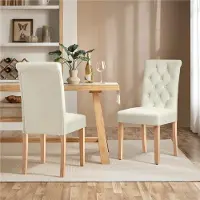 Yaheetech Esszimmerstühle 2er Set Küchenstuhl Polsterstuhl mit hoher Rückenlehne, Beine aus Massivholz, gepolsterte Sitzfläche aus Leinen, Beige