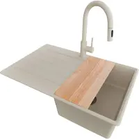 PrimaGran Granitspüle Beige 78x50cm, Spülbecken 1 Becken + Küchenarmatur 40x20cm + Ablauf-Set + Schneidebrett, Küchenspüle ab 45er Unterschrank - Kopenhagen