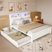 ALFORIGO Holzbett 120x200 cm, Kiefer und MDF, mit Ausziehbett 90x190 cm, weißes Funktionsbett als Flachbett mit LED, Kopfteilablagen und Ladebuchse