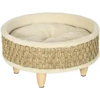Northio Hundebett Erhöhtes Haustierbett Mit Waschbarem Kissen, Seegrasseil Und Holzbeine, Rund, Beige+Khaki, 48X48X24,5Cm