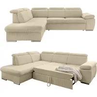Luma-home Ecksofa Schlaffunktion Stauraum Kopfstütze Couch Ottomane links Cord Beige Grau / 17218