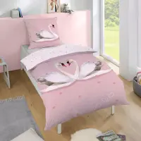 Tex idea Schwan Bettwäsche Set 4-teilig 135x200 80x80 cm - Partner Bettwäsche aus 100% Baumwolle mit Reißverschluss - Pastell, Rosa,