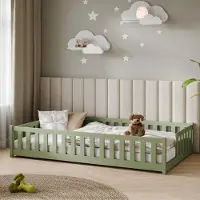 KIDS Collection Kinderbett Bodenbett mit Rausfallschutz & Lattenrost Montessori Bett Bed Gitterbett Kinder Jugendbett Einzelbett | 120x200 cm | Olivgrün