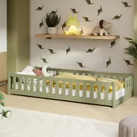 KIDS Collection Kinderbett Bodenbett mit Rausfallschutz Lattenrost und Matratze Montessori Bett Bed Gitterbett Kinder Jugendbett Einzelbett | 90x190 cm | Olivgrün