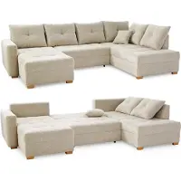 Luma-home Wohnlandschaft U-Form Sofa groß Schlaffunktion Couch Bettkasten Cord Beige Grau / 15218