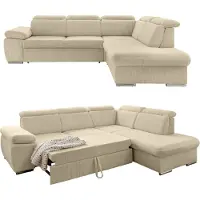 Luma-home Ecksofa Schlaffunktion Stauraum Kopfstütze Couch Ottomane rechts Cord Beige Grau / 17216