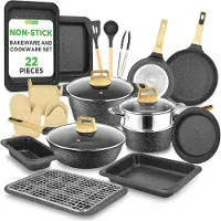 Nutrichef Küchen-Komplettset Schwarz-Marmor – 22-teilig mit Töpfen, Pfannen & Küchenhelfern | Antihaftbeschichtung | Inkl. 3,97L Topf