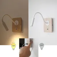 Alpinaluz Wandleuchte in Weiß und Holz mit flexiblem 3-W-Strahler, USB- und Typ-C-Anschluss, Schalter mit CREE-Chips.
