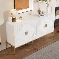 Merax Sideboard mit 4 Türen, Kommode mit goldenen Metallbeinen, Aufbewahrungsschrank aus MDF für Wohnzimmer, Esszimmer & Flur, Weiß