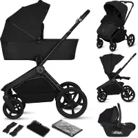Lionelo Freya 3in1 Kombikinderwagen Set mit Babyschale i-Size, Babywanne & Buggy bis 22 kg, faltbar, Federung, XXL Sitz, UPF 50+ Schwarz