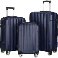 FCH Hartschalenkoffer Reisekoffer-Set Koffer-Set Trolley-Set 3 Stk. mit Längsstreifen ABS Navy blau
