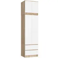 Akord Kleiderschrank S60 mit Aufsatz Sonoma-Eiche 60 cm 2 Türen 2 Schubladen 3 Ebenen Front Weiß B60 x H234 x T51 cm