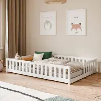 KIDS Collection Kinderbett Bodenbett mit Rausfallschutz & Lattenrost Montessori Bett Bed Gitterbett Kinder Jugendbett Einzelbett | 140x200 cm | Weiß