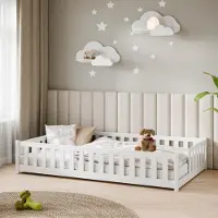 KIDS Collection Kinderbett Bodenbett mit Rausfallschutz & Lattenrost Montessori Bett Bed Gitterbett Kinder Jugendbett Einzelbett | 120x200 cm | Weiß