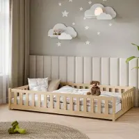 KIDS Collection Kinderbett Bodenbett mit Rausfallschutz & Lattenrost Montessori Bett Bed Gitterbett Kinder Jugendbett Einzelbett | 120x200 cm | Natur