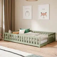 KIDS Collection Kinderbett Bodenbett mit Rausfallschutz & Lattenrost Montessori Bett Bed Gitterbett Kinder Jugendbett Einzelbett | 140x200 cm | Olivgrün