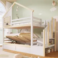 Flieks Kinderbett Hausbett 90x200cm mit Stauraum, Hydraulisches Etagenbett mit Fenster und Rausfallschutz, Hochbett 2 Kinder, Naturbelassen