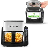 Nutrichef 4L Airfryer & Elektrogrill – 7-in-1 Glas Heißluftfritteuse + 1.2L Grill Frittieren, Grillen, Backen ohne Öl | Tischgrill elektrisch