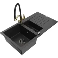 Mexen Matias 1,5-Becken-Granitspüle mit Abtropffläche und Mischbatterie Duo, Schwarz/Silber - 6502-73-671701-57-B