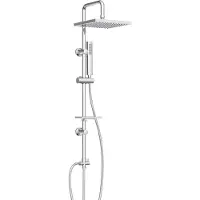 Welltime Stangenbrause-Set "LINA", silber (chromfarben, eckig), H:105cm T:34cm, Messing, Brausegarnituren, Stangenbrause-Set, Überkopfbrause mit Seifenablage, 20 cm Kantenlänge.