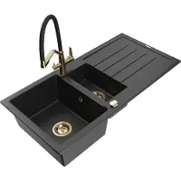 Mexen Andres 1,5-Becken-Granitspüle mit Abtropffläche und Mischbatterie Duo, Schwarz/Silber - 6515-73-671701-57-G