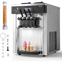 Vevor Gewerbliche Eismaschine 20-28 L/h Leistung, Softeismaschine 2200 W lmit 2 x Behältern (6 L), Vorkühlung, Selbstreinigung und LED-Display, Tischgerät für Snackbars, Dessertläden und Cafés, Silber