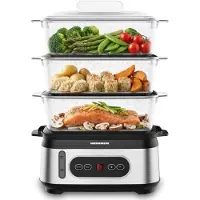 Heinner HSA-D950SS, 3 Korb/Körbe, Schwarz, Edelstahl, Arbeitsplatte, Tasten, Vorderseite, LED
