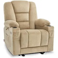 MCombo M Fernsehsessel elektrisch verstellbar, Relaxsessel mit Liegefunktion, TV Sessel mit Massage & Wärmefunktion, USB & Getränkehalter, Wohnzimmer, Stoff, 7008 (Beige)